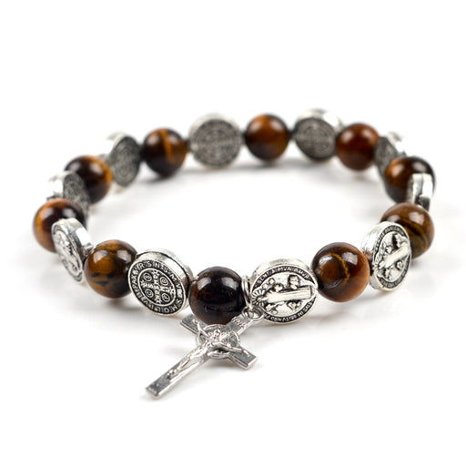 Religious Zinc Alloy Jesus Cross Benedict Tiger Eye Rosary Bracelet