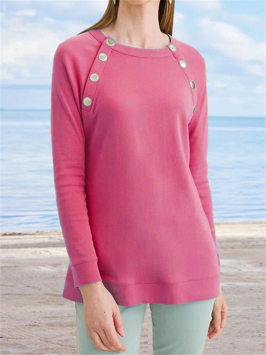 Women's New Metal Button Round Neck Plain Casual Long-sleeved Sweater
