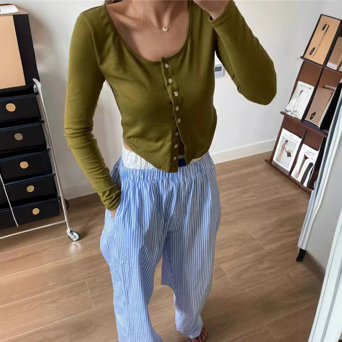 Vertical Stripes Stitching Waist Elastic Wide Leg Pants Fake Two Pieces