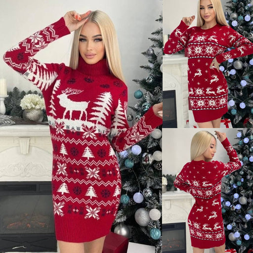 Women's Elk Christmas Tree Jacquard Long Sleeve Dress Sweater
