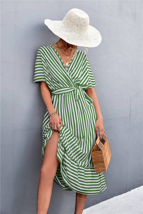 European And American Spring And Summer New Classic Hot Selling Product Cross V-neck Lace-up Striped Dress