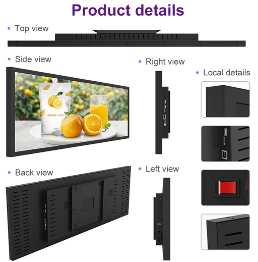 Supermarket indoor advertising media player strip Ultra wide shelf screen stretch bar lcd display