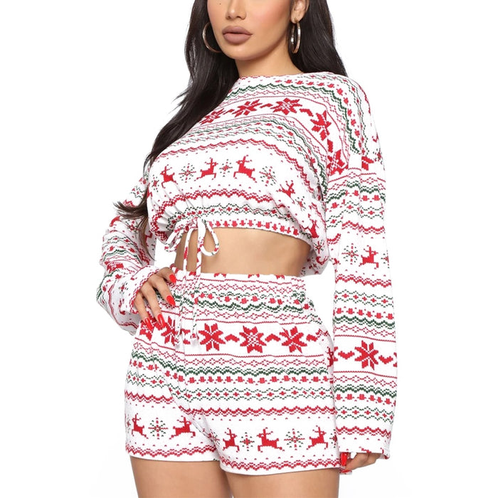 Women Christmas Pajama Sets Long Sleeve Crop Top Shorts 2Pcs
