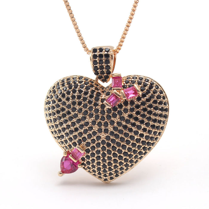 AAA Full Zirconium Necklace Women's Real Gold Plated Copper Peach Heart Necklace Jewelry