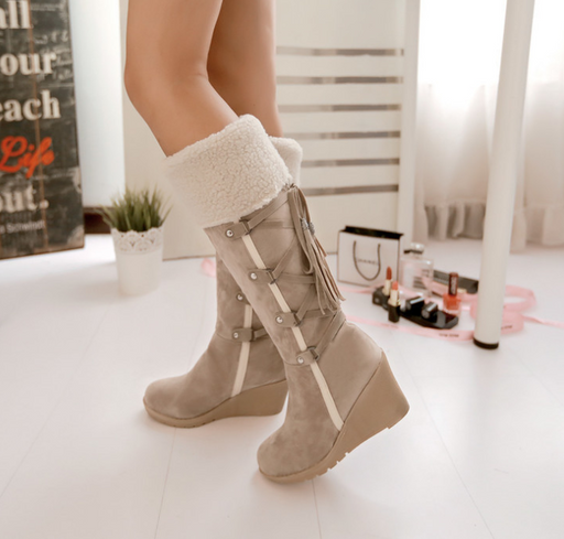 Women Knee High Boots Wedge High Heels Shoes Knight Boots Warm Winter Boots Lady Shoes Black Yellow Fur Snow Boots
