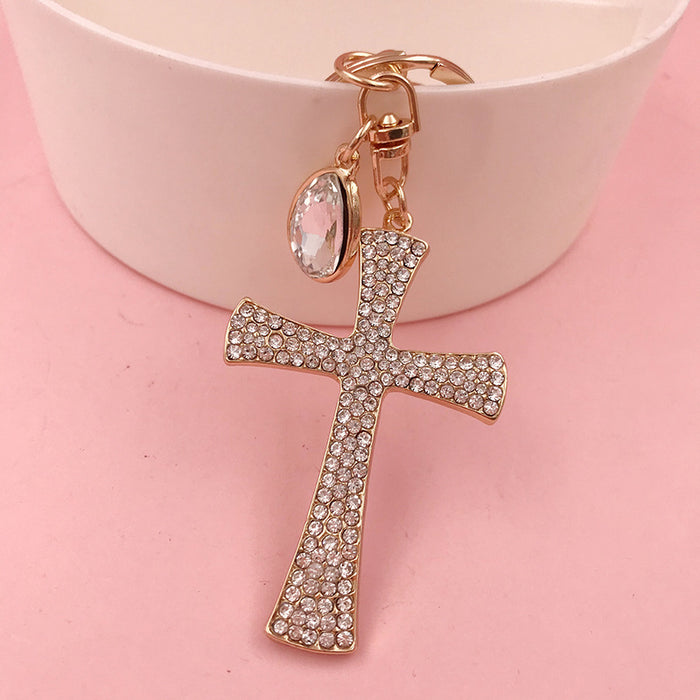 Hot Sale Christian Water Drop Diamond Cross Keychain Metal Pendant Female Bag Accessories
