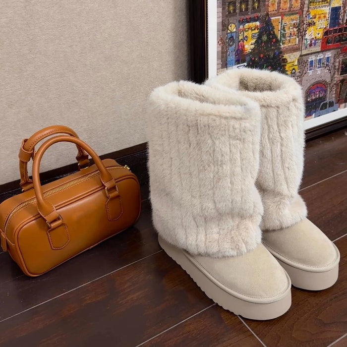 Plush Cute Cream Short Warm Fur Boots Winter Sleeve Platform Height Increasing Shoes