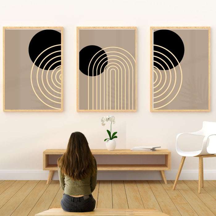 Arte de pared geométrico en beige, negro y marrón claro, impresiones de arte moderno de mediados de siglo, decoración bohemia minimalista abstracta, decoración de pared bohemia