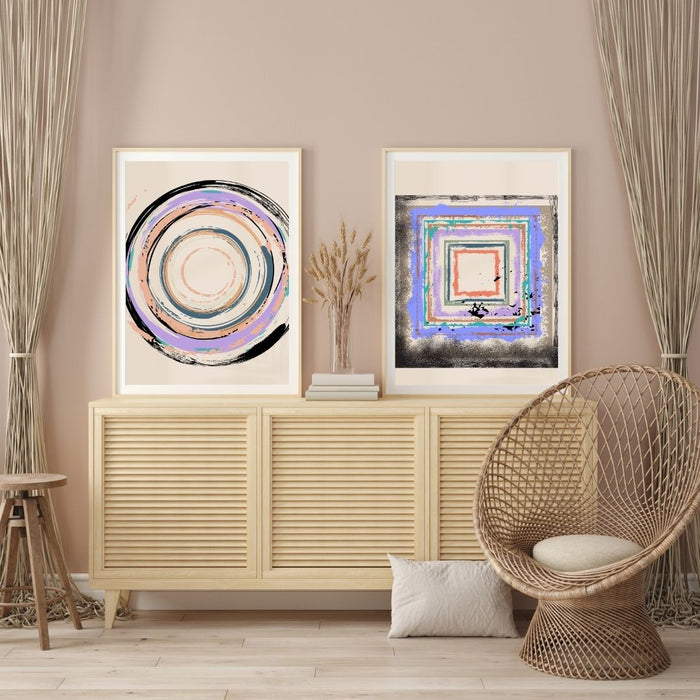 Fading Circle and Square Wall Art Set of 2, Geometric Abstract Prints, Minimalist Home Decor, Neutral Color Wall Art, Modern Boho Art