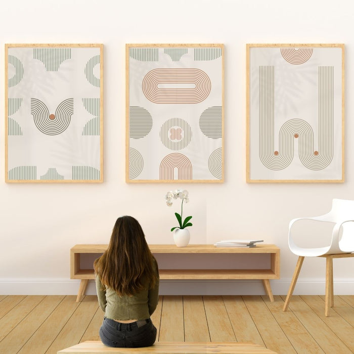 Juego de arte de pared moderno geométrico, impresiones digitales bohemias de mediados de siglo, arte minimalista abstracto, arte imprimible para sala de estar, decoración contemporánea del hogar