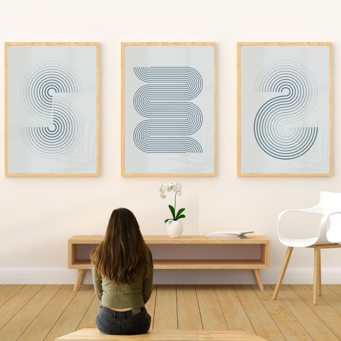 Lot de 3 impressions d'art mural incurvées grises minimalistes modernes, décor abstrait pour intérieurs élégants, décoration intérieure