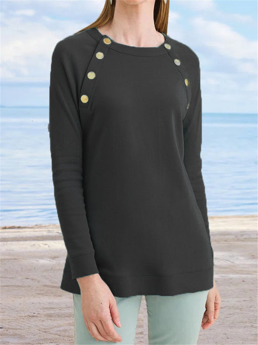 Women's New Metal Button Round Neck Plain Casual Long-sleeved Sweater