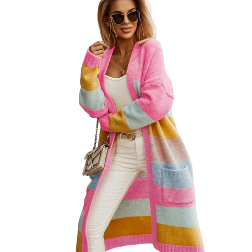 Winter Women's Clothing New Striped Printed Knitted Coat European And American Plus Long Casual Button-free Cardigan Sweater