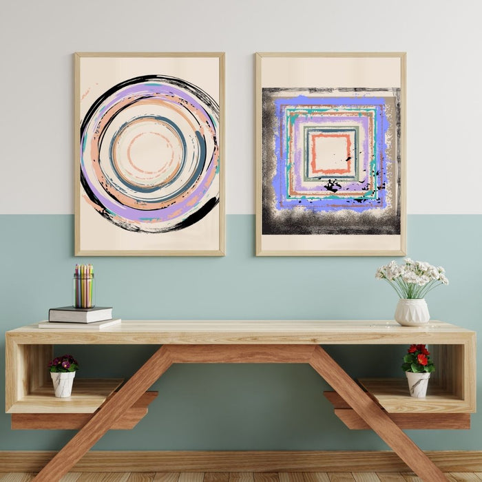 Fading Circle and Square Wall Art Set of 2, Geometric Abstract Prints, Minimalist Home Decor, Neutral Color Wall Art, Modern Boho Art