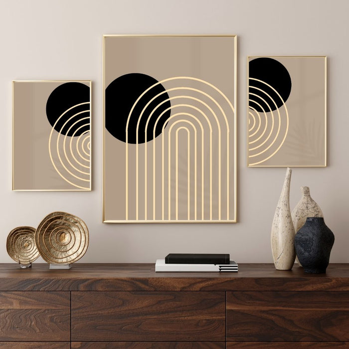 Arte de pared geométrico en beige, negro y marrón claro, impresiones de arte moderno de mediados de siglo, decoración bohemia minimalista abstracta, decoración de pared bohemia