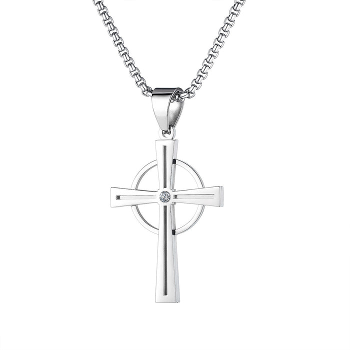 Street Hip Hop Retro Religious Circle Cross Pendant Christian Stainless Steel Necklace