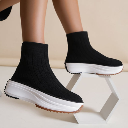 Women's Thick-soled Boots Knitted Round Toe Socks Shoes Casual Breathable Solid Color Flying Knit Ankle Boots