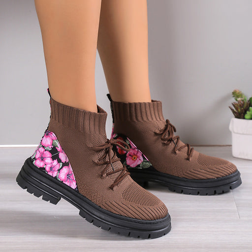 Flowers Print Sock Boots Knitted Mesh Shoes Breathable High-top Elastic Slip-on Shoes For Women Autumn Winter Ankle Boots