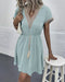 Spring And Summer Solid Color Short-sleeved Lace V-neck Waist Dress
