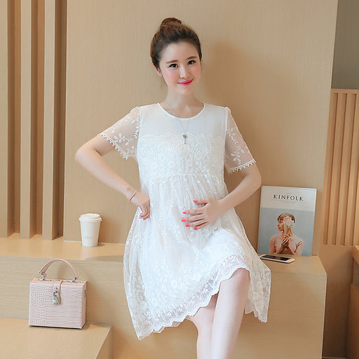 Summer new maternity dress Korean shirt lace crochet flower maternity dress long pregnant women dress