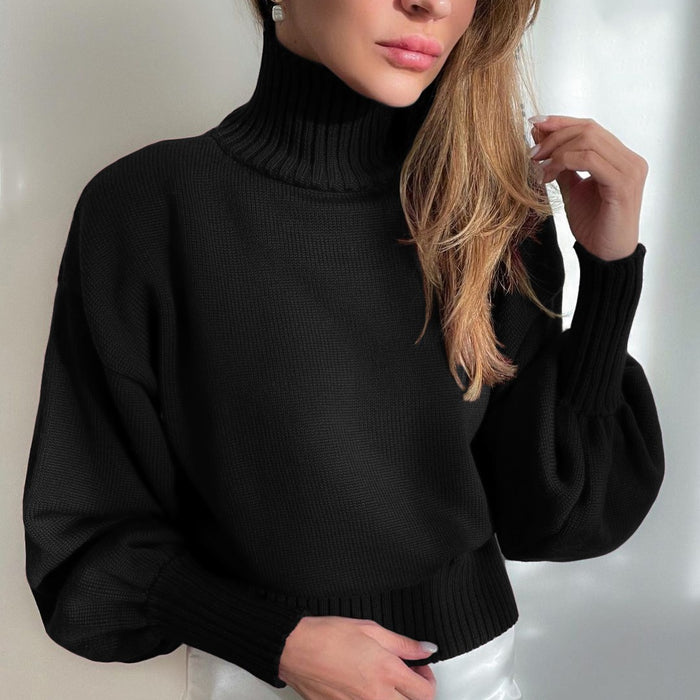 Solid Color Puff Sleeve Turtleneck Fashion Casual Sweater