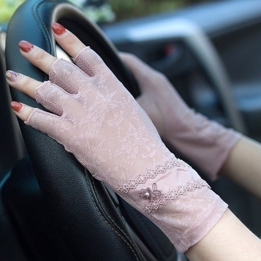 Semi-Finger Lace Sunscreen Gloves Female Summer Ice Silk Half Fingers Anti-Slip Driving Thin Anti-UV Fashion Women Mittens TB54