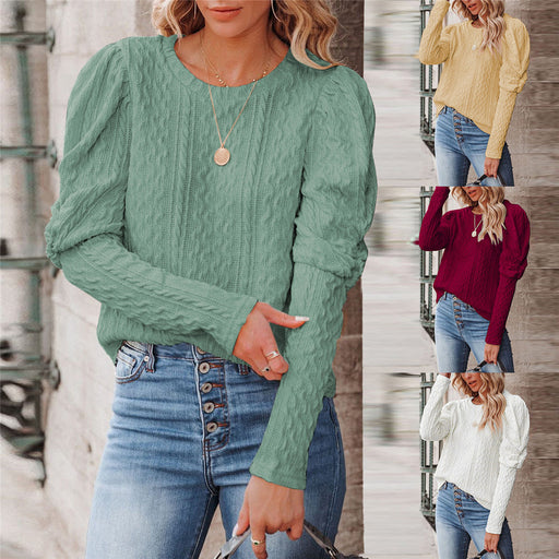Women's Solid Color Jacquard Round Neck Gigot Sleeve Knitted Sweater Top
