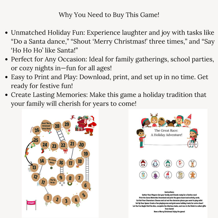 Printable Christmas Board Game | The Great Race | Fun Family Activity | Kids Holiday Game | Winter Classroom Activity