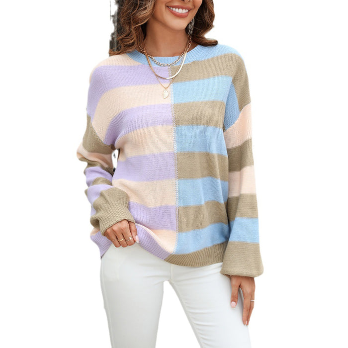 Women's Fashion Simple Stitching Striped Contrast Color Round Neck Knitwear