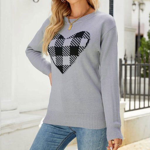 Women's Loose Sweater Round Neck Fashion Pullover Plaid Love Sweater Women