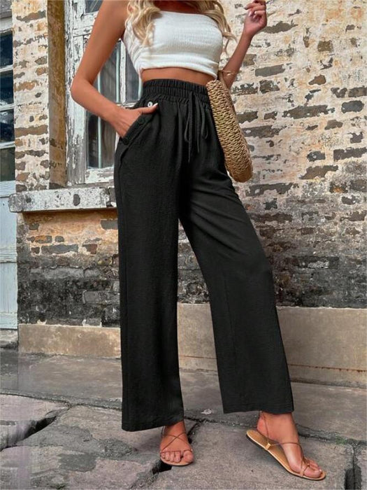 New Casual Pants With Pockets Elastic Drawstring High Waist Loose Trousers For Women