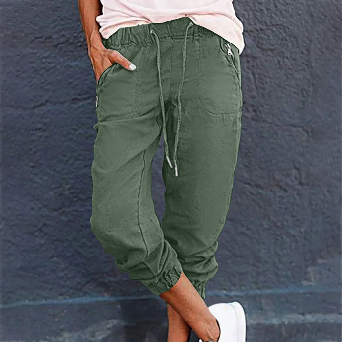 Women's Solid Color Casual Zipper Pocket Elastic Waist Overalls Cropped Pants