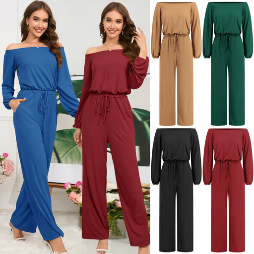 Autumn And Winter New Casual Off-shoulder High Waist Lantern Sleeve Jumpsuit