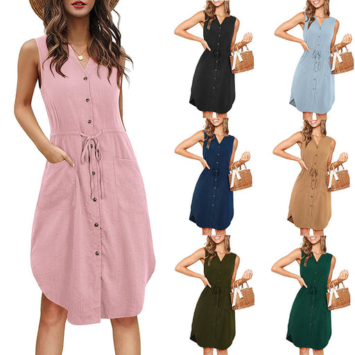 Sleeveless V-neck Buttoned Dress With Pockets Fashion Casual Waist Tie Design Summer Dress Womens Clothing