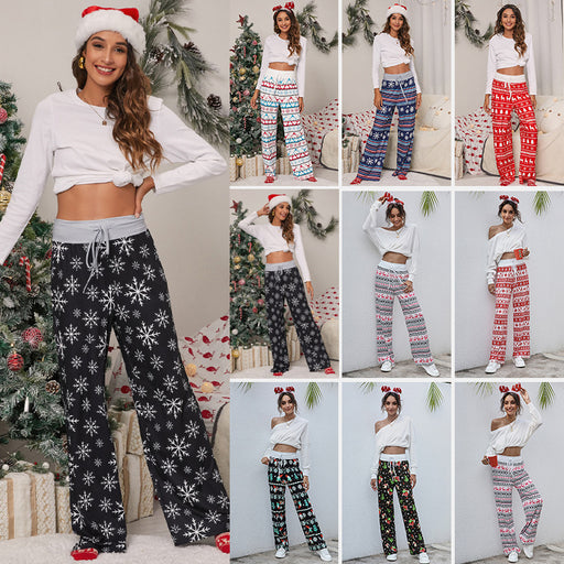 Christmas Print Pants Women Fashion Casual Drawstring Trousers With Christmas Snowflake Tree Elk Print