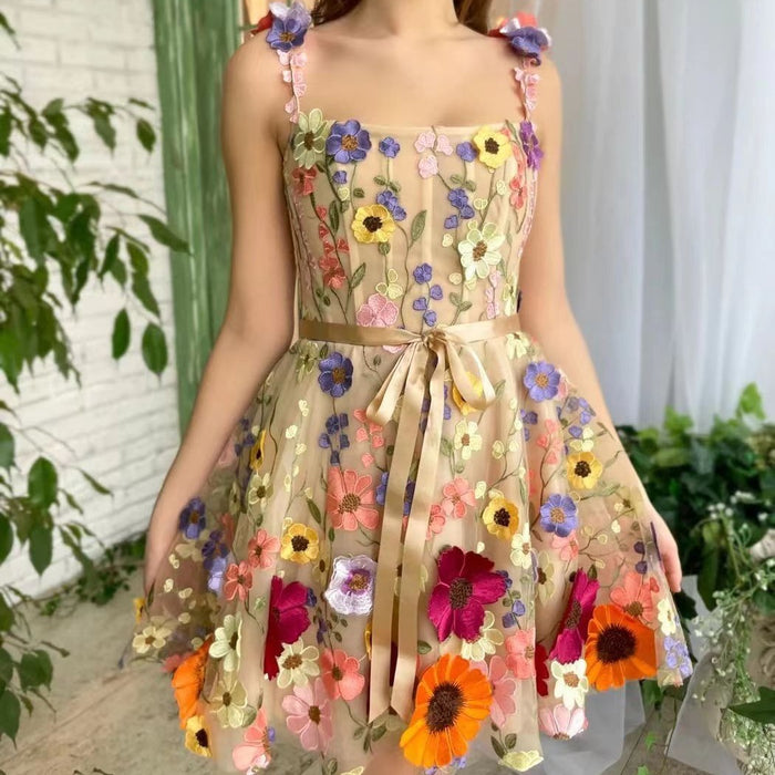Vestido tridimensional con bordado de flores, moda de verano, dulce vestido con tirantes, corte en A, ropa para mujer