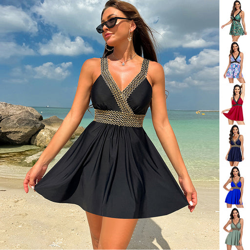 V-neck Printed Swimsuit Dress Summer Beach Vacation Bikini Fashion Womens Clothing