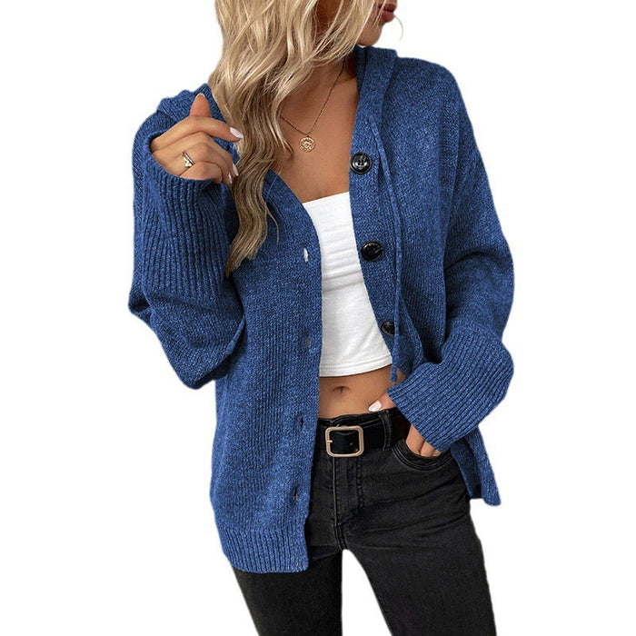 Drawstring Knitted Cardigan Coat Women's Hooded Single-breasted Sweater