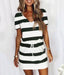 Striped Print Short-sleeved Dresses Summer Fashion V-neck Drawstring Design Short Dress Beach Womens Clothing