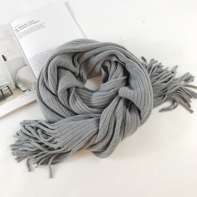 Thickened Warm Long Solid Color Tassel Knitted Wool Scarf