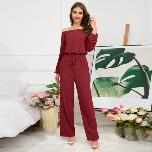 Autumn And Winter New Casual Off-shoulder High Waist Lantern Sleeve Jumpsuit