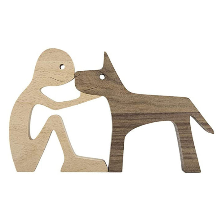 DIY Figurine Wood Dog Ornament Sculpture Home Decoration A Man A Dog Wood Sculpture Christmas Gifts Model Decor