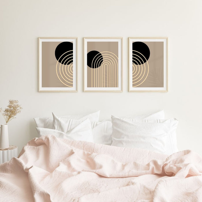 Arte de pared geométrico en beige, negro y marrón claro, impresiones de arte moderno de mediados de siglo, decoración bohemia minimalista abstracta, decoración de pared bohemia