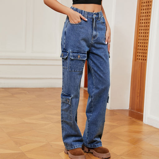 American Washed Semi-elastic Design Personality Denim Workwear Casual Pants