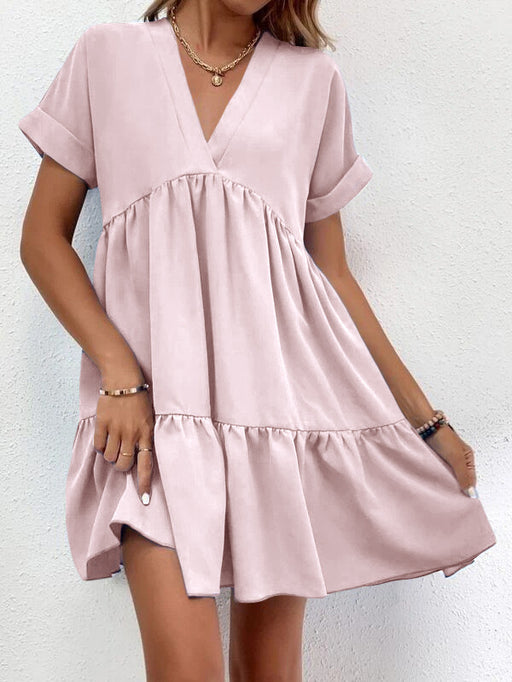 New Short-sleeved V-neck Dress Summer Casual Sweet Ruffled Dresses Solid Color Holiday Beach Dress For Womens Clothing