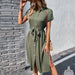 Summer Short Sleeve Long Dress With Button Pocket Design Fashion Lace-up Turn Down Collar Womens Clothing