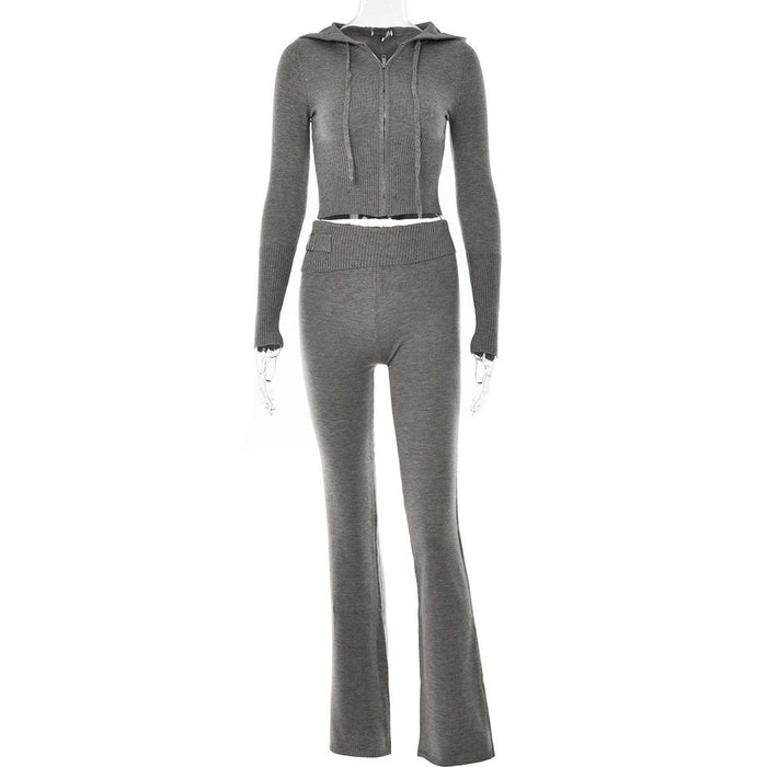 Style Cross-border Knitted Hooded Suits Fashion Sexy High Waist Long Sleeves Trousers Two-piece Set