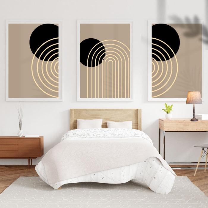 Arte de pared geométrico en beige, negro y marrón claro, impresiones de arte moderno de mediados de siglo, decoración bohemia minimalista abstracta, decoración de pared bohemia