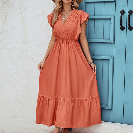 Women's V-neck Design Sleeveless Solid Color Dress