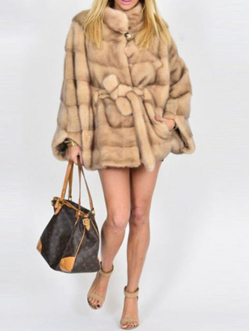 Solid Faux Fur Jacket Stand Collar Loose Belt
